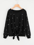 Shein Pearl Beaded Raglan Sleeve Knot Front Sweatshirt