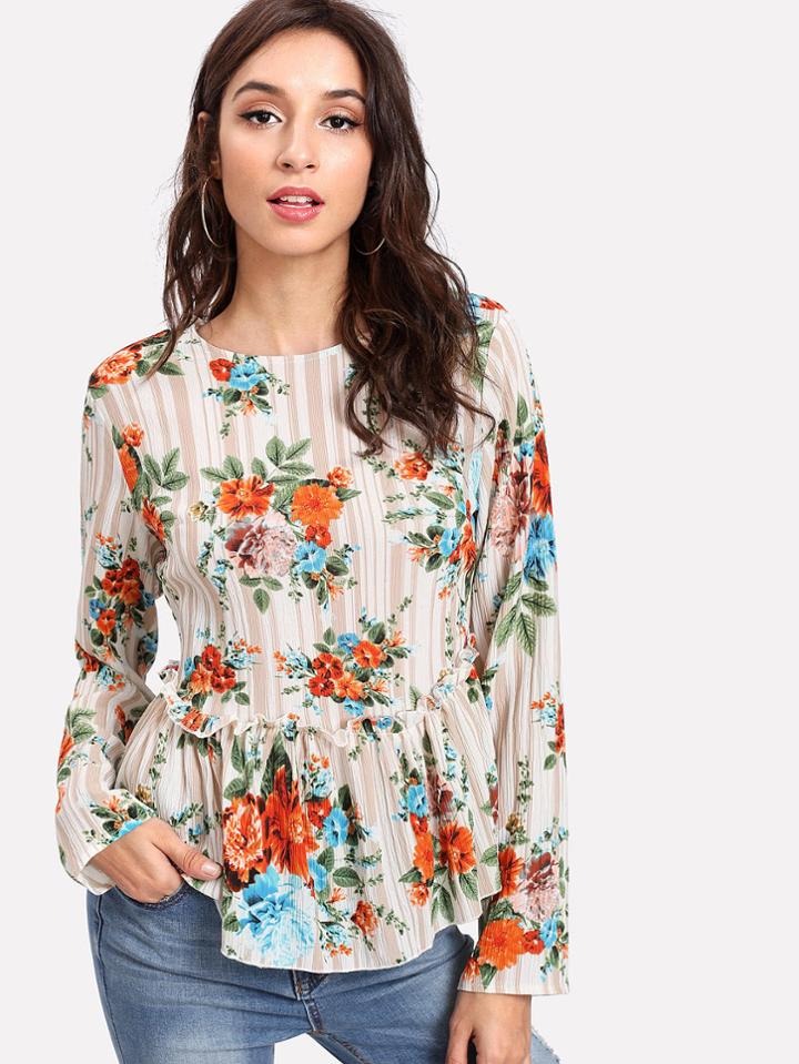 Shein Flower Print Ruffle Hem Top