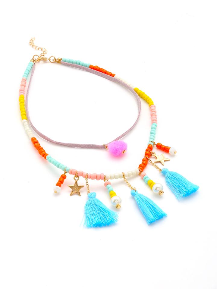 Shein Tassel & Pom Pom Decorated Beaded Charm Necklace