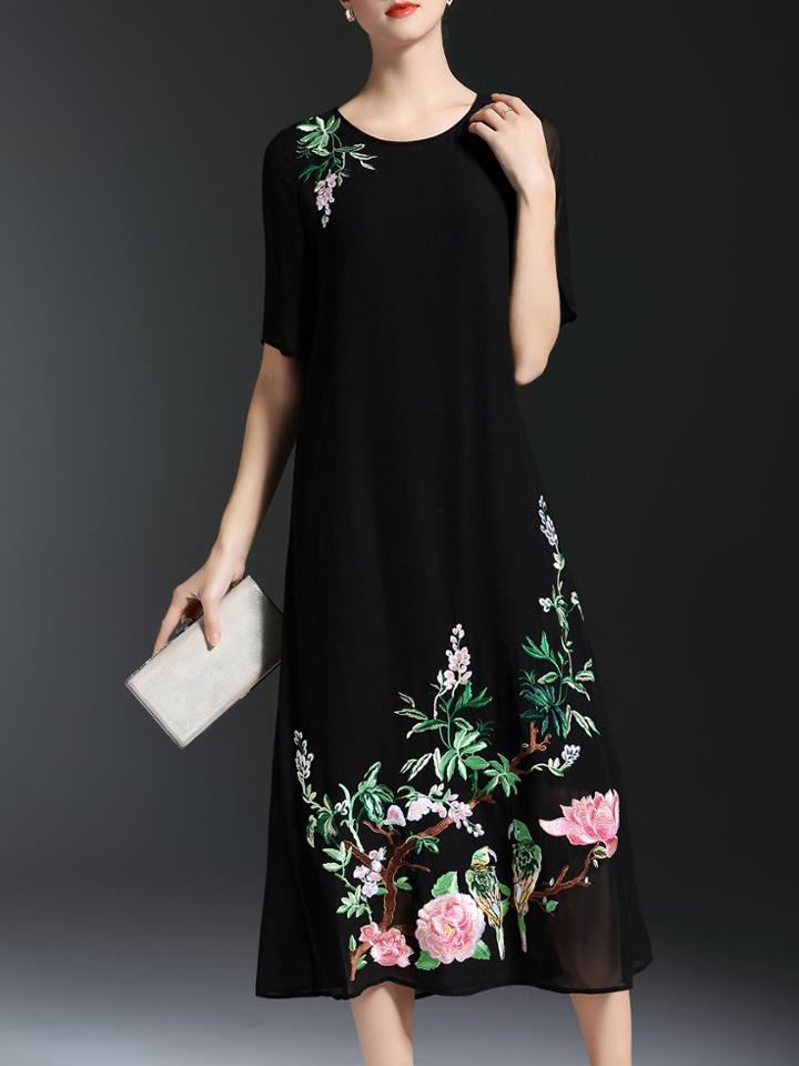 Shein Black Crew Neck Flowers Embroidered Dress