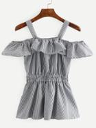 Shein Grey Vertical Striped Ruffled Cold Shoulder Blouse
