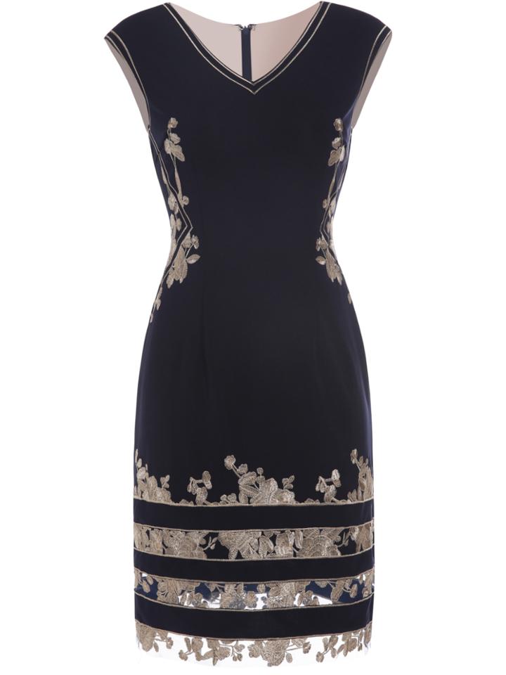 Shein Navy V Neck Gauze Embroidered Sheath Dress