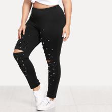 Shein Plus Pearl Beading Ripped Knee Leggings