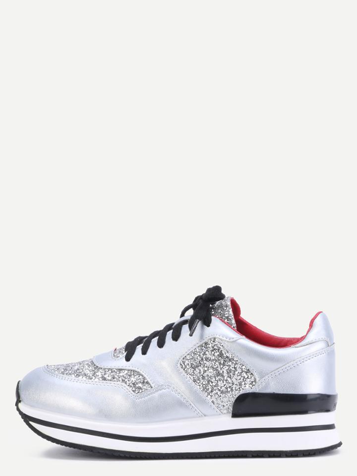 Shein Grey Pu Bling Sequins Lace Up Flatform Sneakers