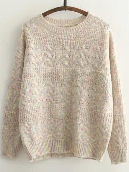Shein Khaki Cable Knit Round Neck Drop Shoulder Sweater