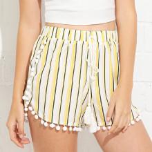 Shein Tassel Tie Striped Pom Pom Trim Shorts