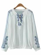 Shein White Vintage Embroidery Lace Up Blouse