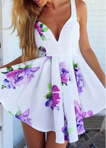 Rosewe Spaghetti Strap Flower Print Mini Dress