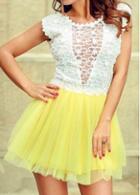 Rosewe Hollow Back White And Yellow Skater Dress