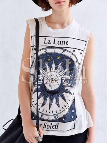 Shein White Sleeveless La Lune Print Tank Top