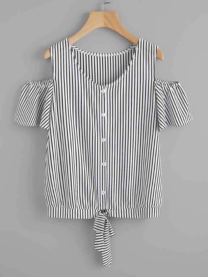 Shein Vertical Striped Open Shoulder Tie Hem Tee