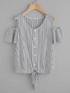Shein Vertical Striped Open Shoulder Tie Hem Tee