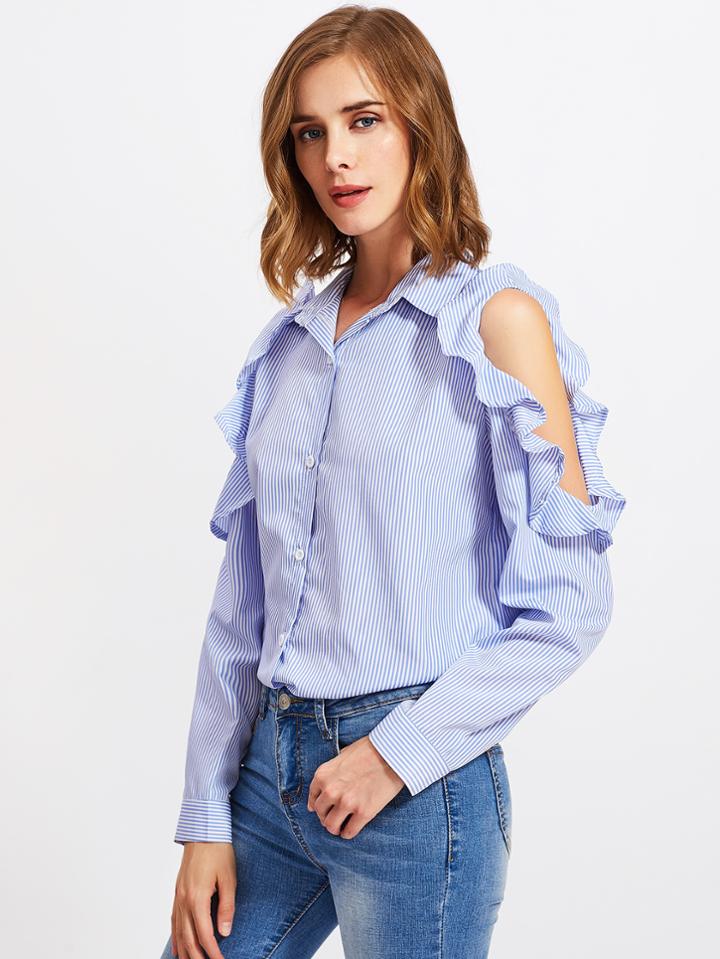 Shein Open Shoulder Frill Trim Slit Back Stripe Shirt