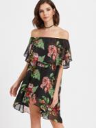 Shein Black Flower Print Ruffle Off The Shoulder Dress