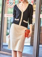 Shein V Neck Pockets Sweater Top With Skirt