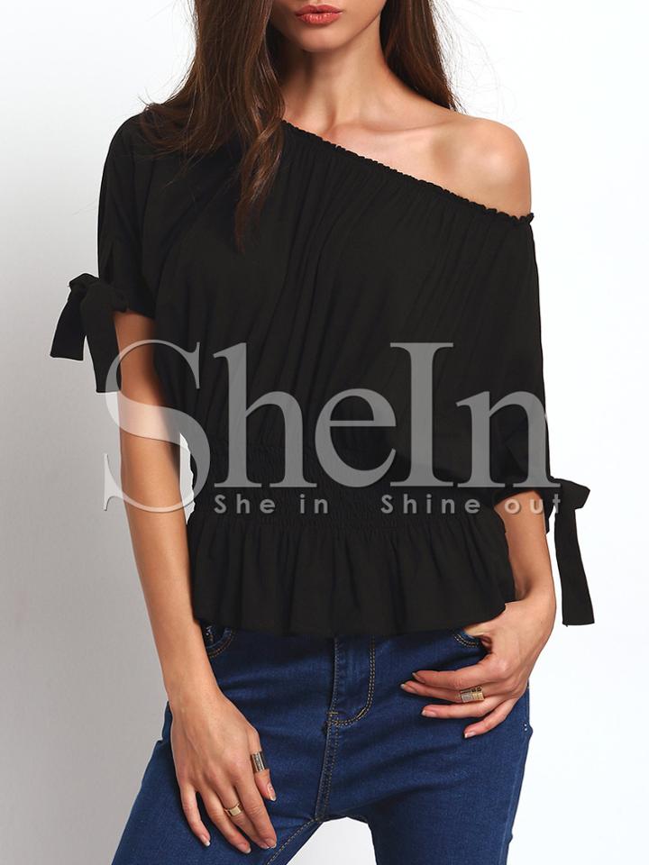 Shein Black Open-shoulder Self-tie Cuff Elasticated Blouse