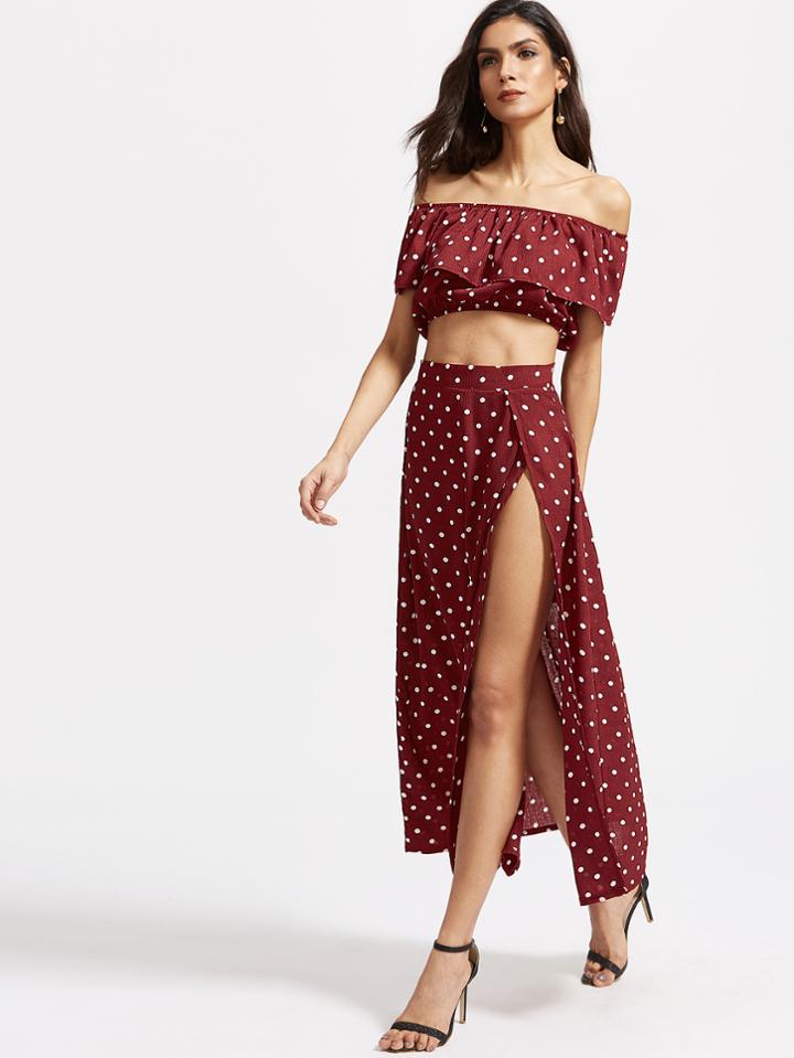 Shein Polka Dot Ruffle Crop Top With Split Skirt
