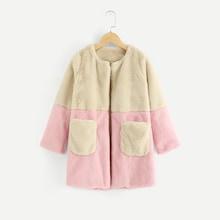 Shein Girls Open Front Cut And Sew Fleece Teddy Coat