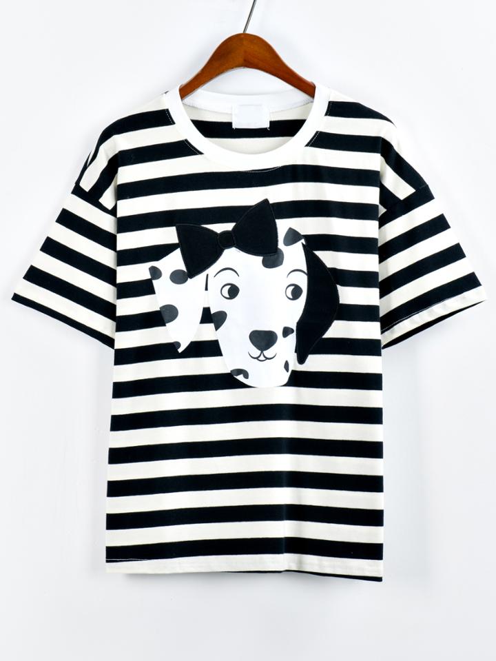 Shein Contrast Neck Dog Print Striped T-shirt