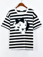 Shein Contrast Neck Dog Print Striped T-shirt
