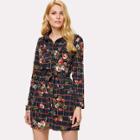 Shein Mixed Print Tie Waist Ruffle Trim Shirt Dress