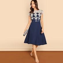 Shein Embroidered Mesh Bodice Fit & Flare Dress