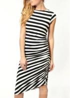 Rosewe Chic Stripe Design Cap Sleeve Dress With Round Neck