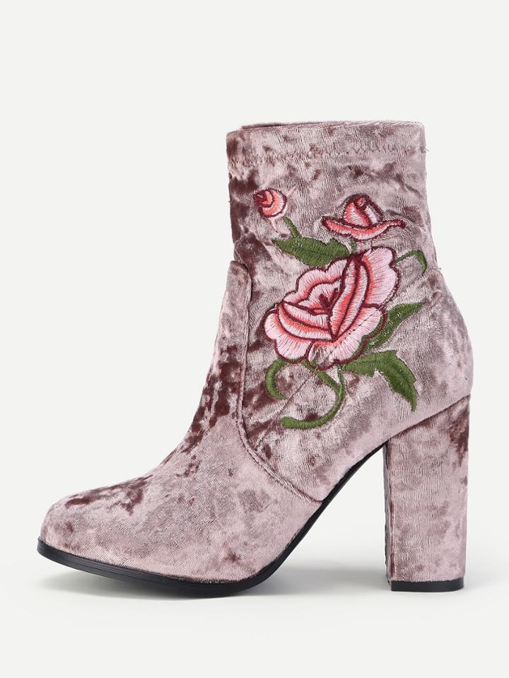 Shein Flower Embroidered Velvet High Heeled Boots