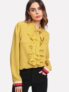 Shein Flounce Front Striped Cuff Blouse