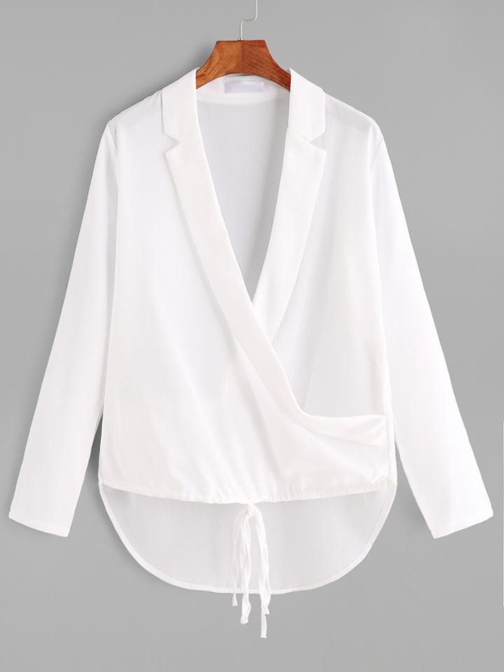 Shein White Drawstring Hem High Low Wrap Blouse