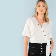 Shein Plus Bell Sleeve Asymmetric Placket Top