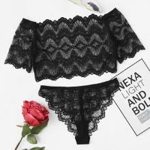 Shein Crop Lace Bardot Top And Pantie Pj Set