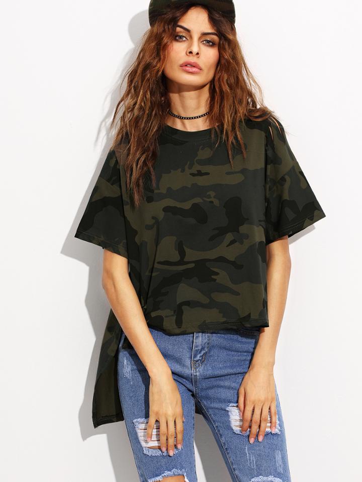 Shein Camo Print Ripped High Low T-shirt