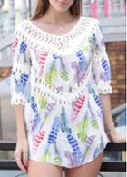 Rosewe Feather Print White Pierced V Neck Blouse
