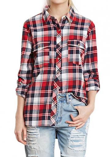 Rosewe Long Sleeve Turndown Collar Plaid Shirt