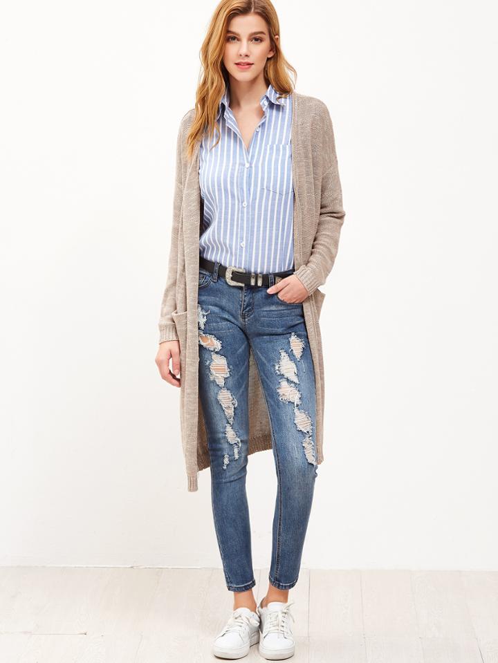 Shein Khaki Drop Shoulder Cardigan With Pockets