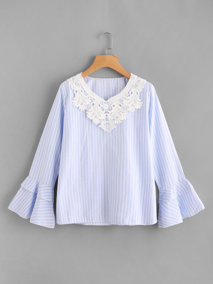 Shein Contrast Crochet Flute Sleeve Striped Blouse
