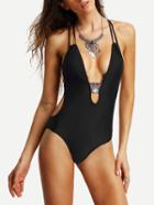 Shein Plunge Neck Strappy One-piece Swimwear - Black