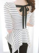 Shein White Black Round Neck Striped Bow T-shirt