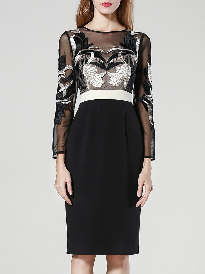 Shein Black Round Neck Long Sleeve Contrast Gauze Embroidered Dress