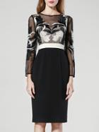 Shein Black Round Neck Long Sleeve Contrast Gauze Embroidered Dress