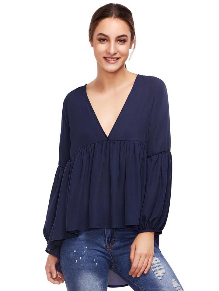 Shein Plunge V-neckline Dip Hem Smock Blouse