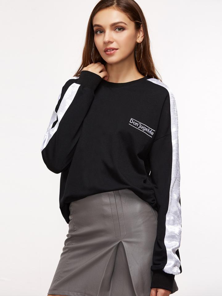 Shein Black Striped Sleeve Embroidered Sweatshirt
