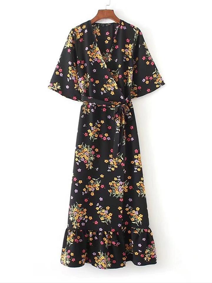 Shein Floral Print Tie Waist Ruffle Hem Wrap Dress