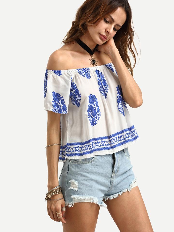 Shein Off The Shoulder Vintage Print Top