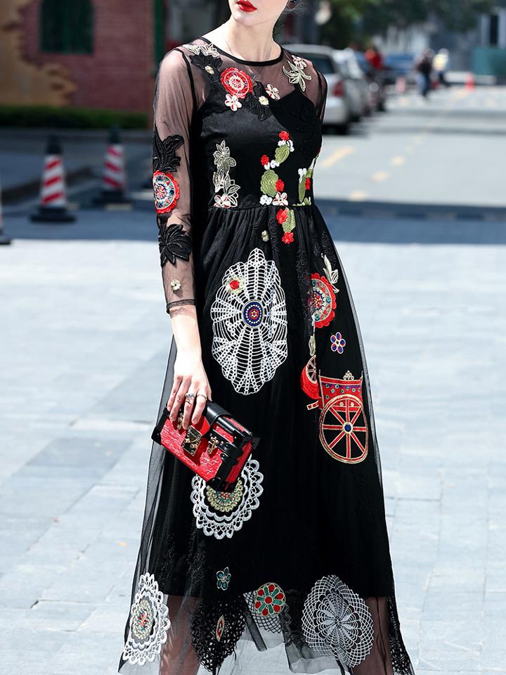 Shein Black Gauze Embroidered Sheer Maxi Dress