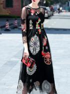 Shein Black Gauze Embroidered Sheer Maxi Dress