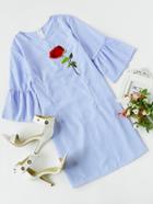 Shein Rose Embroidered Bell Sleeve Striped Dress