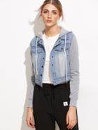 Shein Blue Mixed Media Crop Hooded Denim Jacket