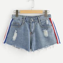 Shein Stripe Contrast Ripped Denim Shorts